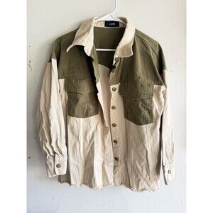 Cider L Green Cream Barn Jacket Coat Western Button Down Raw Hem